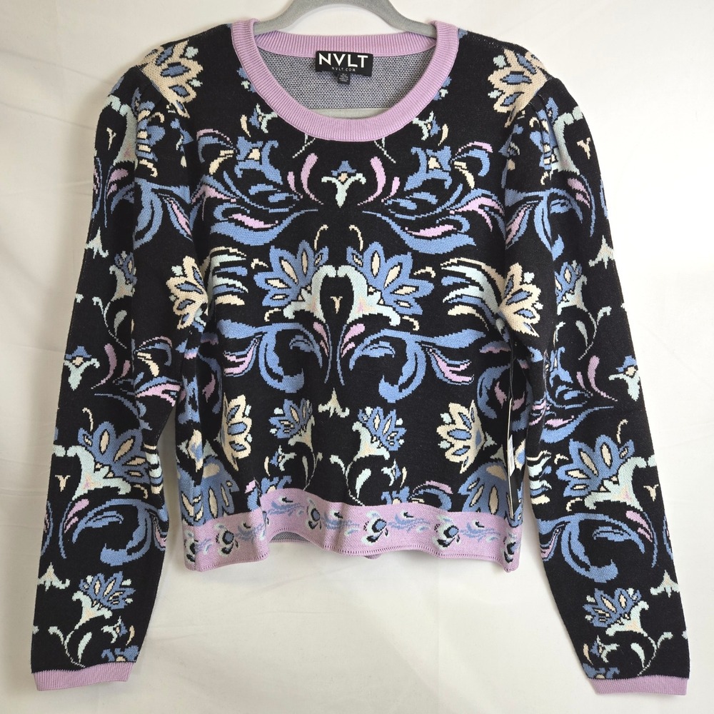 NVLT Cropped Black‎ Brocade Flower Sweater, XL, NVLTKF5033, New $98 MSRP